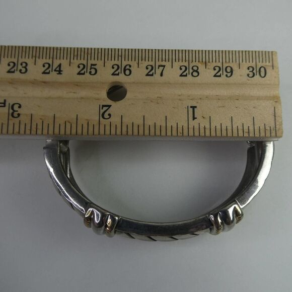 Two Tone Gold Silver Hinged Bangle Bracelet Clear Rhinestone Detailed Solid - Picture 6 of 8